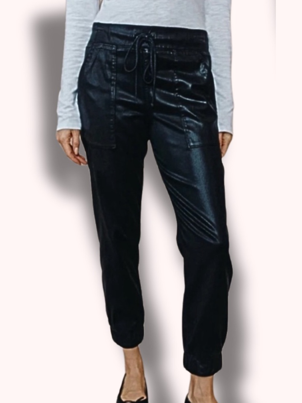 Bella Dahl NWT Black Faux Leather Jogger Pants Drawstring Size M